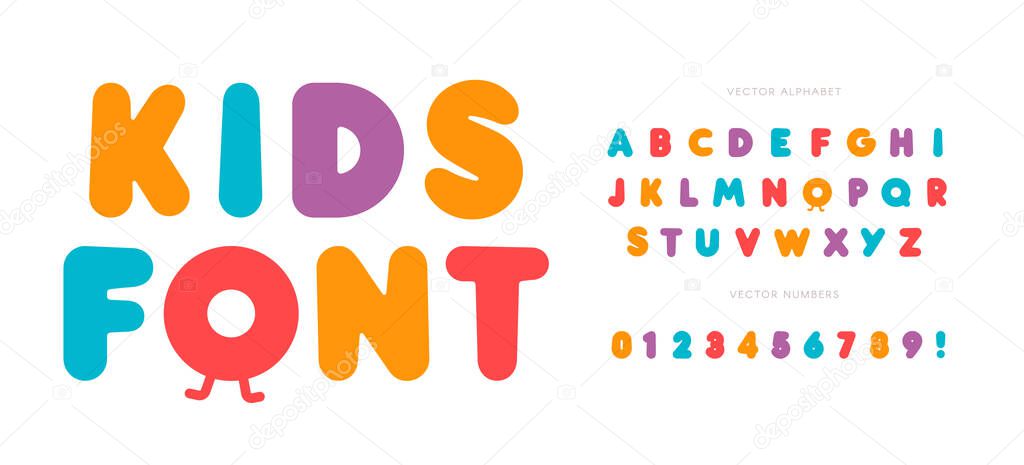 Kids letters and numbers set. Cartoon bold style alphabet. Childish font for events, promotions, logos, banner, monogram and poster. Vector typography design.