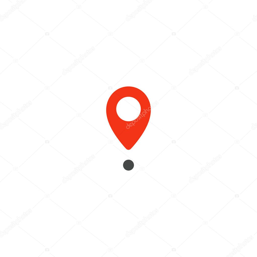 Location pin icon. Red pointer. Simple flat point template. Infographic design element for navigation app, place on map mark. Isolated vector illustration on white background.