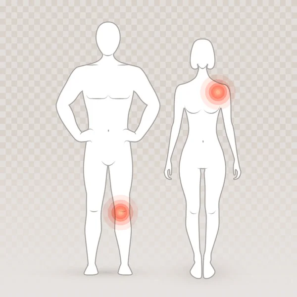 Férfi és női sziluettek, átlátszó hátterű fájdalomkörökkel. Emberi modell, férfi és nő. Előnézet emberi test vektor illusztráció. — Stock Vector