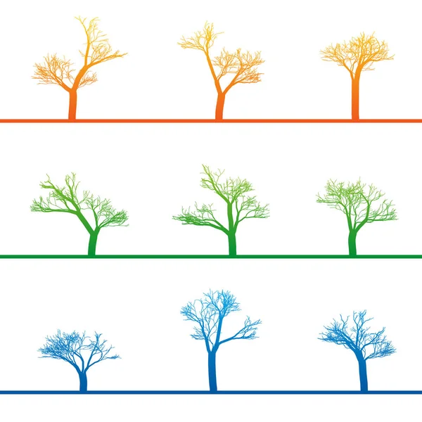 Mistyczne drzewa rosną. Różna forma, abstrakcyjna stylizacja liniowa, kolorowa ilustracja wektorowa. Las, park, sadzenie drzew, ogród, pnie, naczynia, gałęzie bezlistne wektor ilustracji element projektu — Wektor stockowy