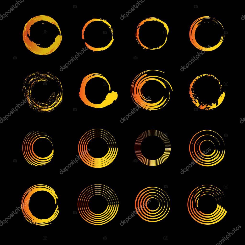 Set of vector icon, and logo depicting the solar circle. Modern styling sun. Collection of logos and icons of gold, orange and yellow colors