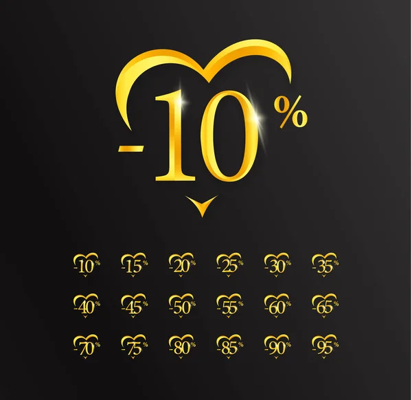 Value discounts, 10 percent sale, gold numbers and heart, label or sign. Design for Promotions, discounts, exclusive offers and sales on Valentine Day — Stock Vector