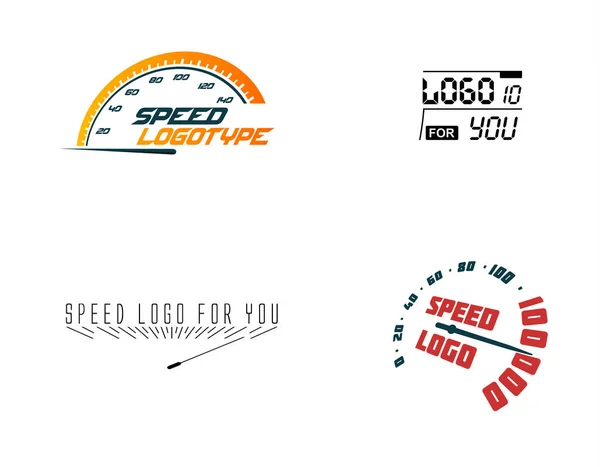 自動車のロゴセット、スピードカー、フードデザイン要素。上に表示されますベクトル速度計のロゴを設定します。車の要素のアイコンコレクション。測定車両装置. — ストックベクタ