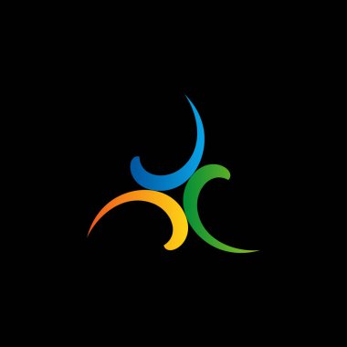 Siyah arka planda büküm logosu. Renkli bumerang simgesi. İzole edilmiş soyut vektör logosu. Parlak logot tipi. Kasırga, kasırga grafik çizimleri.