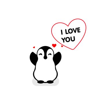 İzole vektör penguen logosu. Tasarlanmış hayvan ikonu. Çizgi film çizimi. Kış işaretleri. Siyah, beyaz ve kırmızı. Sevgililer Günü için grafiksel çizimler. Düz kalp sembolü. Tebrik kartına bayılırım. Aşk..