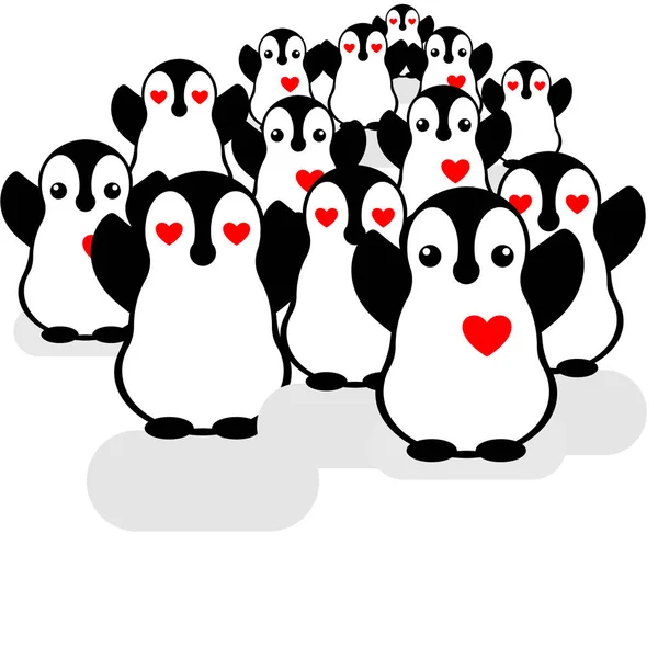 Vektorové tučňáčí srdeční ikony. Milující dav tučňáků. Fanoušci na koncertě. Líbí a následovníci. — Stockový vektor