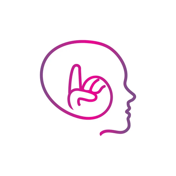 Μεμονωμένο ροζ διάνυσμα ανθρώπινο κεφάλι λογότυπο σιλουέτα. Εικόνα με δείκτη. Δημιουργικός εγκέφαλος. Ευφυές σύμβολο προσώπου. Έξυπνος άνθρωπος. Εικόνα ακουστικών. Μουσική ετικέτα. Το έμβλημα Γουόλκμαν. Ραδιοσήμα. — Διανυσματικό Αρχείο