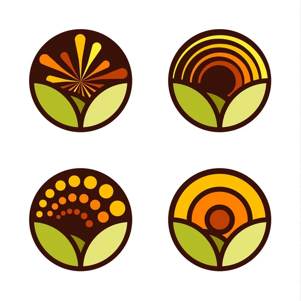 Conjunto de logotipos de vetores agrícolas redondos. Ícones da quinta. Símbolos de produtos lácteos. Sinais de carne fresca. Ilustração do prado verde. Imagem da natureza. Produtos orgânicos. Rótulo ecológico Paisagem rural . —  Vetores de Stock