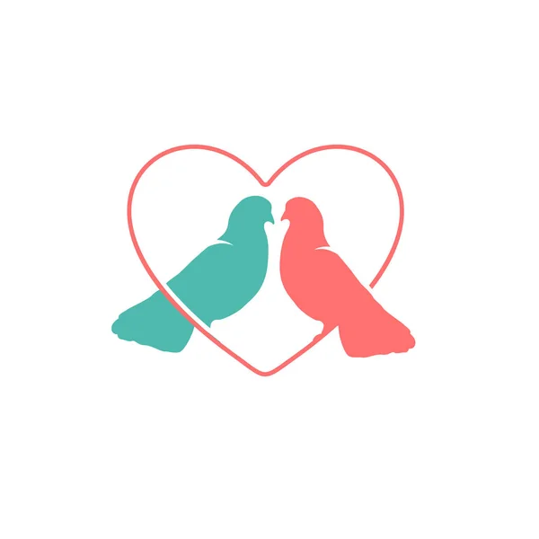 Μεμονωμένα ροζ και τυρκουάζ περιστέρια στο λογότυπο διάνυσμα της καρδιάς. Ρομαντική εικόνα. Ευχετήρια κάρτα Αγίου Βαλεντίνου. Σύμβολο αγάπης. Ειρηνευτικό στοιχείο. Πουλιά σιλουέτα. Περιστέρια πλευρική άποψη. Γάμος. — Διανυσματικό Αρχείο