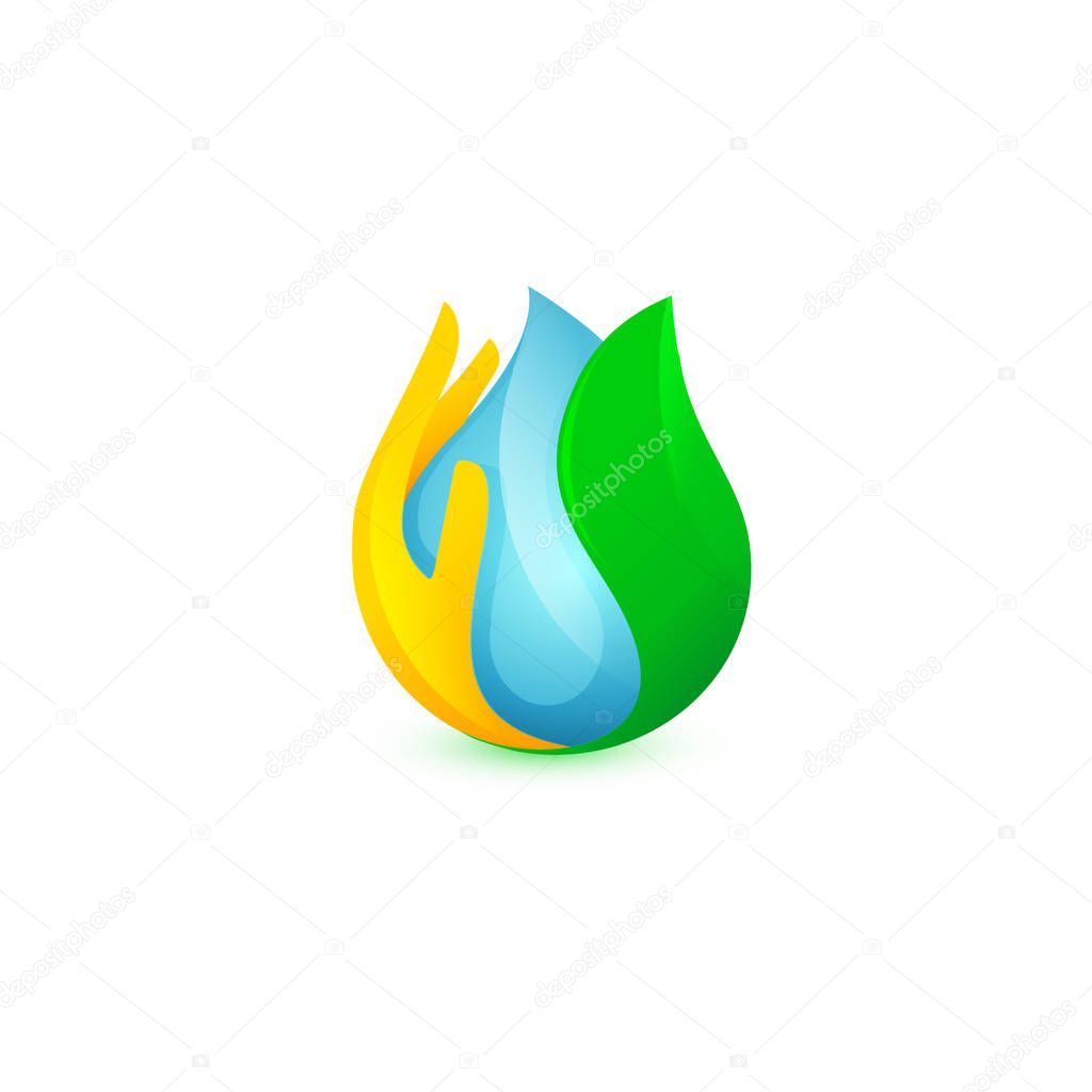 Blue drop of water surrounded by palms and green leaf logo.