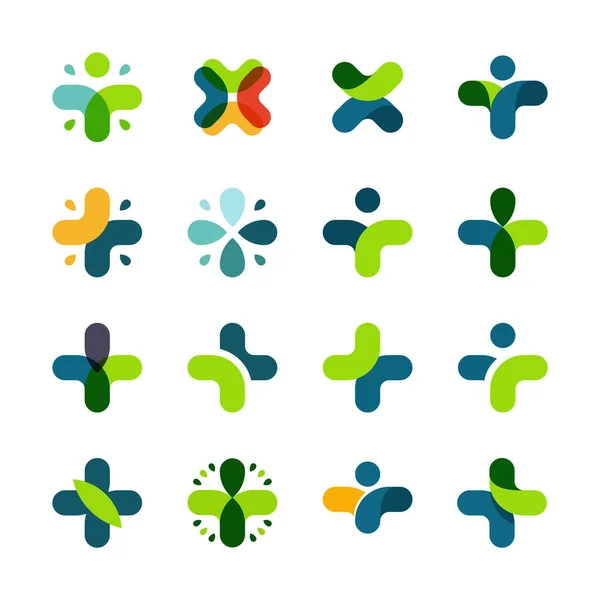 Vector set of medical logo icons with cross. Collection of signs with plus symbol. Vector illustration. — Stock Vector