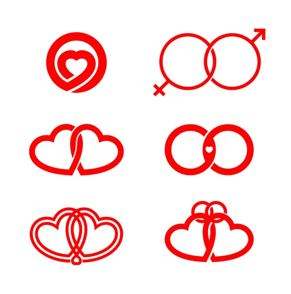 Symbole nowożeńców, znaki ślubne, czerwone obrączki i serca, związek kobiet i mężczyzn, zestaw ikon wektorów ślubnych. — Wektor stockowy