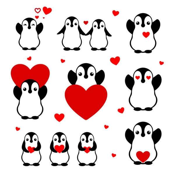 Karikatury tučňáků nastaveny. Okouzlené izolované ploché znaky. Svatý Valentýn dekor na přání. Samolepky pro milence. — Stockový vektor