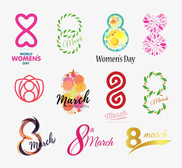 Emblemele Zilei Internaționale a Femeilor stabilite, 8 martie, icoane vectoriale, începutul primăverii și simboluri de sărbătoare pentru femei . — Vector de stoc