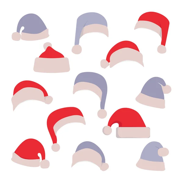 Ensemble de chapeaux Père Noël rouges et bleus isolés sur fond blanc vierge — Image vectorielle