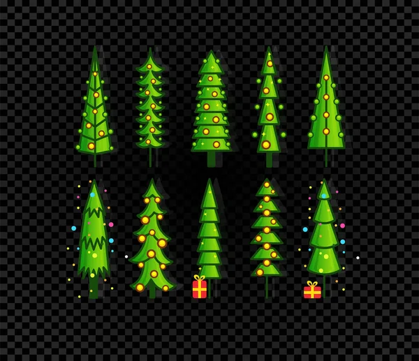 Uppsättning julgran, nyår dekoration, säsongsbetonad semester symbolsamling. Platta ikoner av dekorerat träd på svart bakgrund, isolerad vektor illustration. — Stock vektor