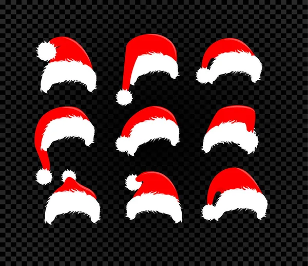 Santa Claus hattar set, vektor ikoner, vinter röd hatt samling för god jul och nyår dekoration — Stock vektor