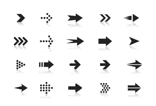 Siyah ve beyaz ok vektör simgeleri ayarlandı. Çemberdeki noktalar ve dikdörtgen izole semboller paketleniyor. Sonra, ileri, önceki düğmeler tek renkli tabelalar. İmleç piktogram koleksiyonu — Stok Vektör