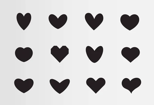 Symbole vectoriel d'amour, Ensemble de silhouettes noires de cœurs, ensemble d'icônes différentes. Panneaux pour la Saint-Valentin, éléments de décoration . — Image vectorielle