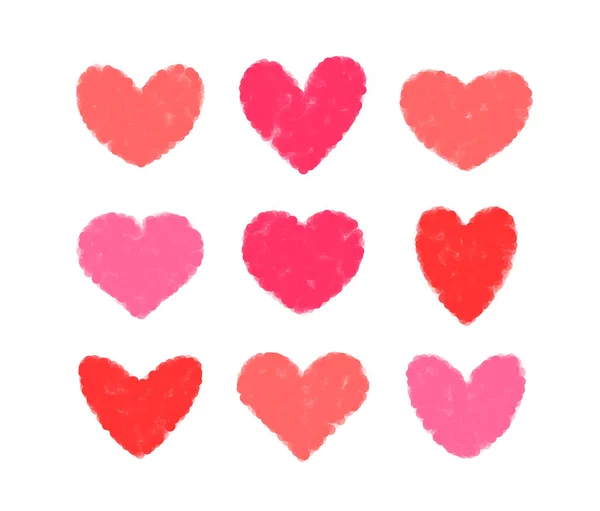 Corações vermelhos e rosa no estilo desenhado à mão no fundo branco. Dia de São Valentim decoração cartão de saudação. Isolada ilusão vetorial . —  Vetores de Stock