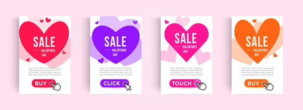 Set of Valentines Day Sale Posters. Web banner design with hearts icon, geometric linear borders and click buttons. Vector advertising graphic, EPS10. — Stock Vector