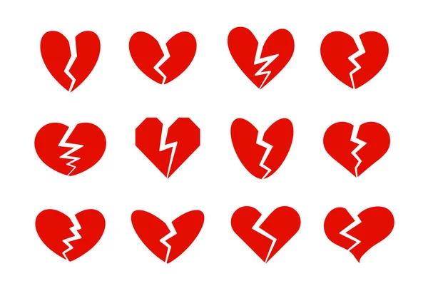Colección de iconos de corazones rotos, grieta de corazón, símbolo de falta de amor. Divorcio, crisis de relaciones, signos de problemas familiares. Iconos vectoriales rojos sobre fondo blanco . — Archivo Imágenes Vectoriales