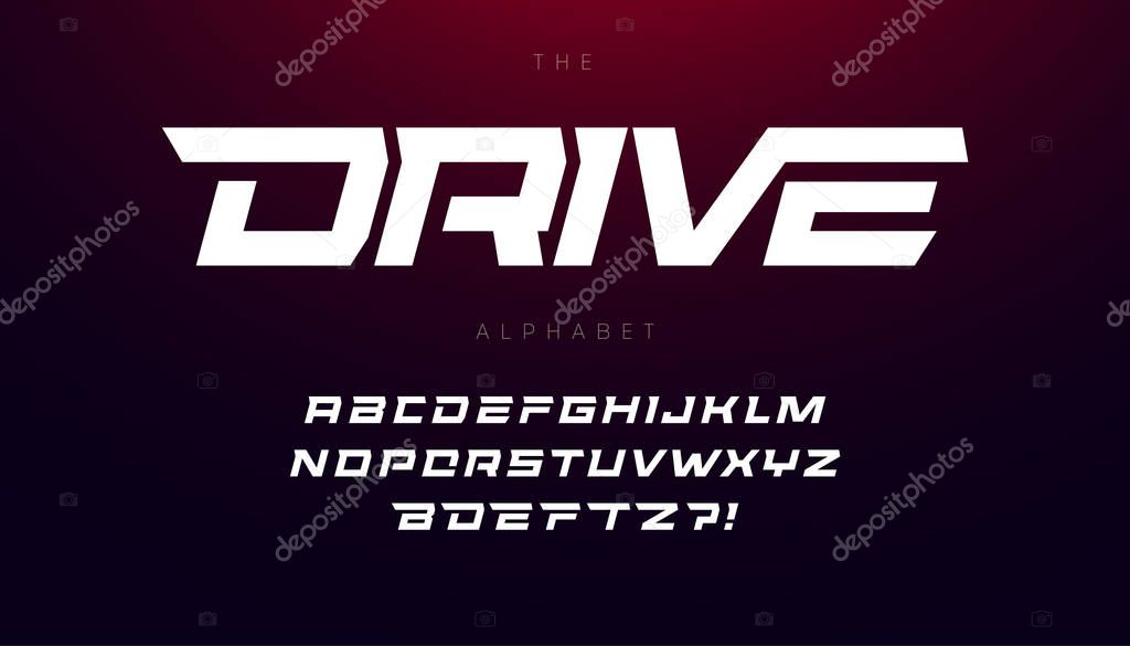 Drive font bold italic letters with dynamic slant and geometric cut for speed race, battle, fast delivery or fight poster driver alphabet vector typography design