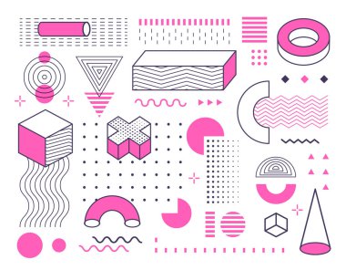 Abstract geometric shapes and forms set with color. Memphis style design elements collection for poster, brochure, layout, template or presentation. Vector illustration on white background.