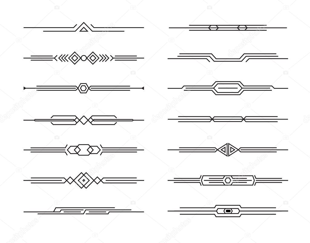 Modern dividers vector set of geometric lines for page decor, art border and frame design, black stripes collection on white background