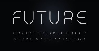 Geleceğin stencil alfabesi. İnce segment yazı tipi, modern fütürist logo için minimal tip, zarif monogram, dijital cihaz, posterler ve hud web grafiği. Asgari biçim harfleri, vektör tipografi tasarımı