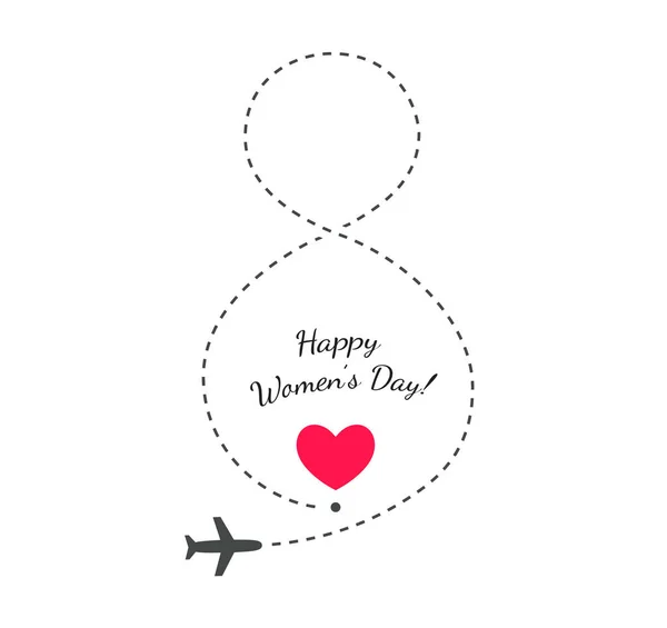 Regalo de viaje en la tarjeta de felicitación del día de la mujer, camino de ocho símbolos con avión de vuelo, trayectoria de 8 líneas e ilustración del concepto del vector del icono del corazón — Vector de stock