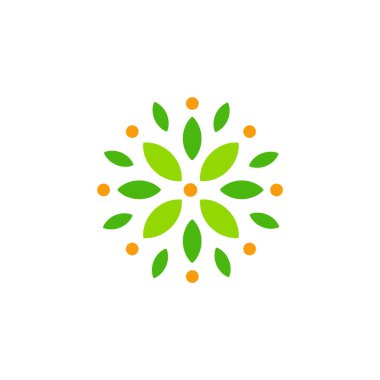 Yuvarlak soyut çiçek vektör şablonu, yeşil yapraklardan, yapraklardan ve meyvelerden oluşan çiçek.