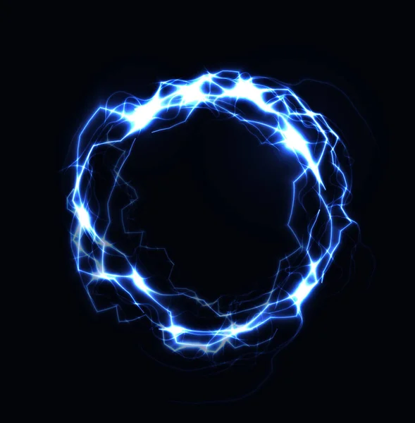 Anillo relámpago realista, bola de energía, esfera mágica, plasma de color azul sobre fondo oscuro. Ilustración vectorial aislada — Vector de stock