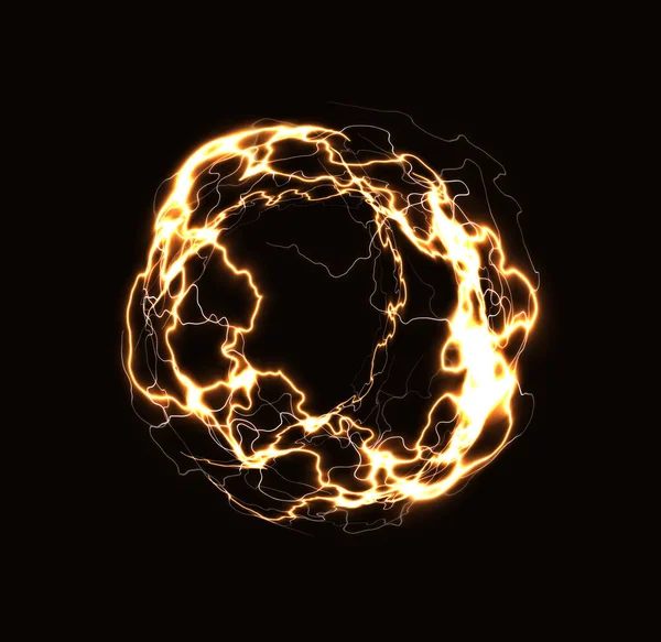 Anillo relámpago realista, bola de energía, esfera mágica, plasma dorado sobre fondo oscuro. Ilustración vectorial aislada — Vector de stock