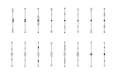 Dikey ayırıcılar ayarlandı, dekoratif sınır koleksiyonu, ağ için vintage kaydırma kalıpları, müzik hacmi grafik ögesi, vektör izole çizgiler