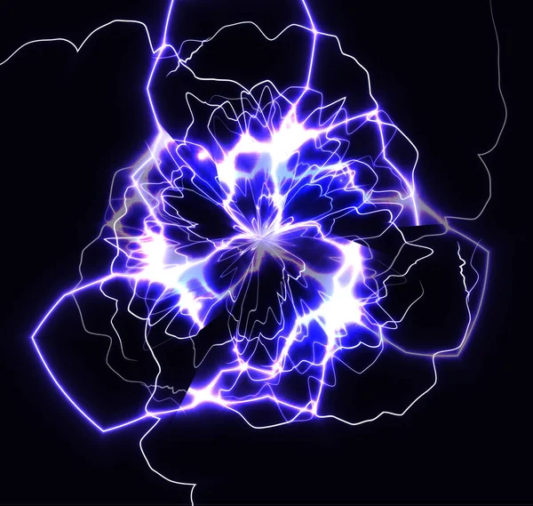 Удари блискавки або спалах, нейронна мережа крупним планом, фіолетовий фрактальний фон, магічні промені, енергетичний шторм, векторні ілюстрації — стоковий вектор