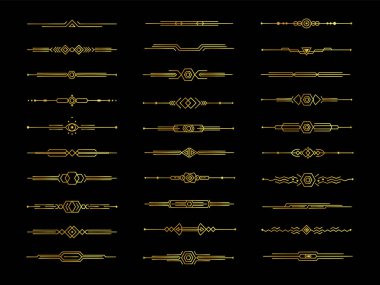 Altın dekoratif bölücüler siyah arkaplan, vektör illüstrasyonuna ayarlandı