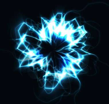 Electric circle blue round lightning energy explosion, shining fractal circle on black background, fireball flash magic ball vector illustration clipart