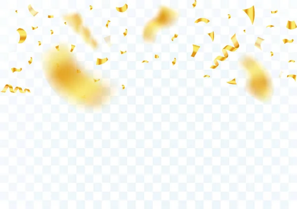 Caída de confeti en el marco festivo superior sobre fondo transparente. Brillantes piezas de papel dorado brillante vuelan y se dispersan alrededor. Ilustración vectorial . — Vector de stock