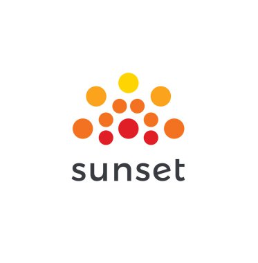 Soyut günbatımı simgesi, yarım daire şeklinde turuncu daireler. Noktalı logo şablonu, düz soyut amblem. İş, web ve sunum için logot tasarımı kavramı. Vektör logosu.