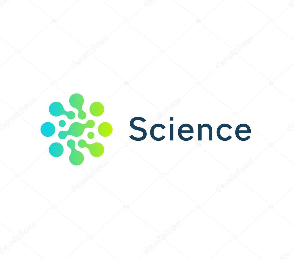 Science circle icon, green and blue circles. Dotted logo template, flat round emblem. Concept logotype design for business startup, science, medicine, automotive, technology. Vector logo