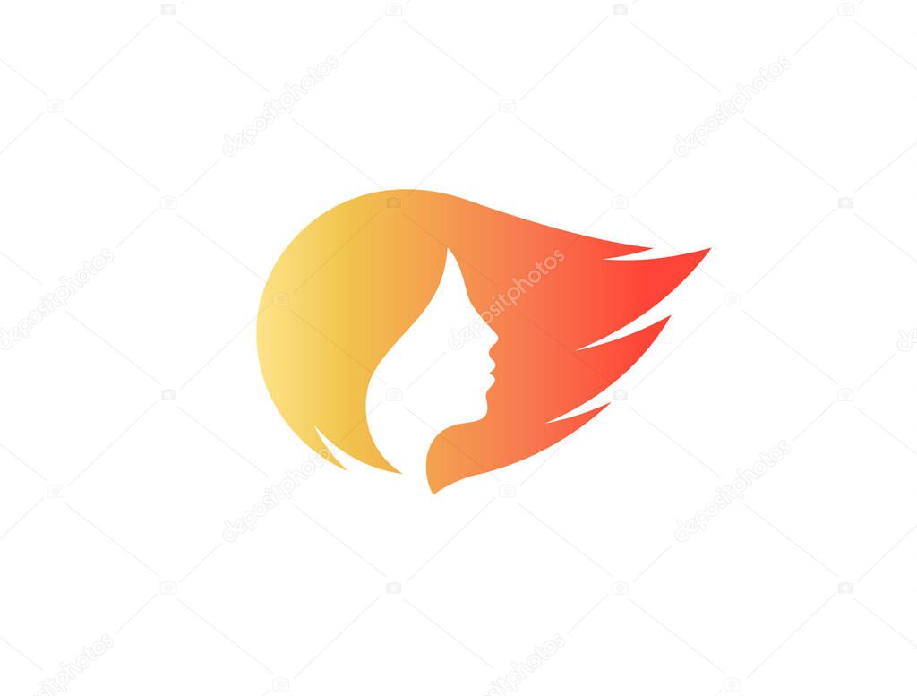 Womans face profile silhouette isolated vecor logo. Orange streaming hair logotype. Hair care cosmetc symbol. Hairdressers sign
