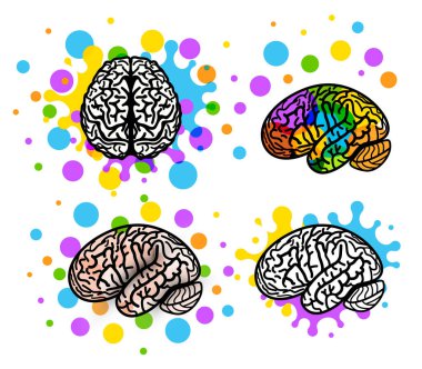 Fikir logosu konseptini düşün. Beyin silueti tasarım vektör sanat çizim logoları şablonu ayarlandı. Beyin fırtınası gücü, düşünen beyin Logotype simgesi