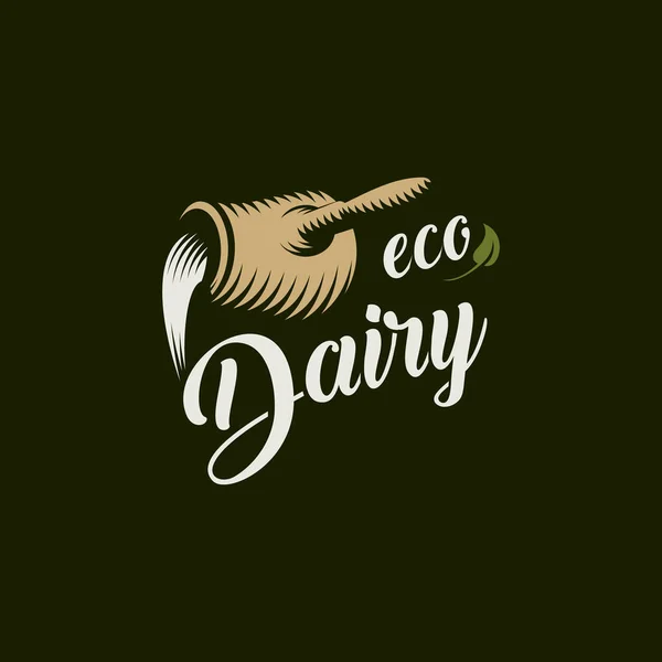 Eco dairy vector logo template. Milk product engraving emblem. Milk flows from a jug. — Stock Vector
