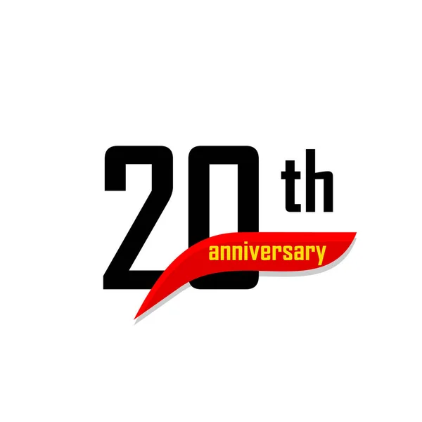 Logo vectoriel abstrait du 20e anniversaire. Vingt Joyeux anniversaire icône. Chiffres noirs witth rouge forme boomerang avec texte jaune 20 ans . — Image vectorielle