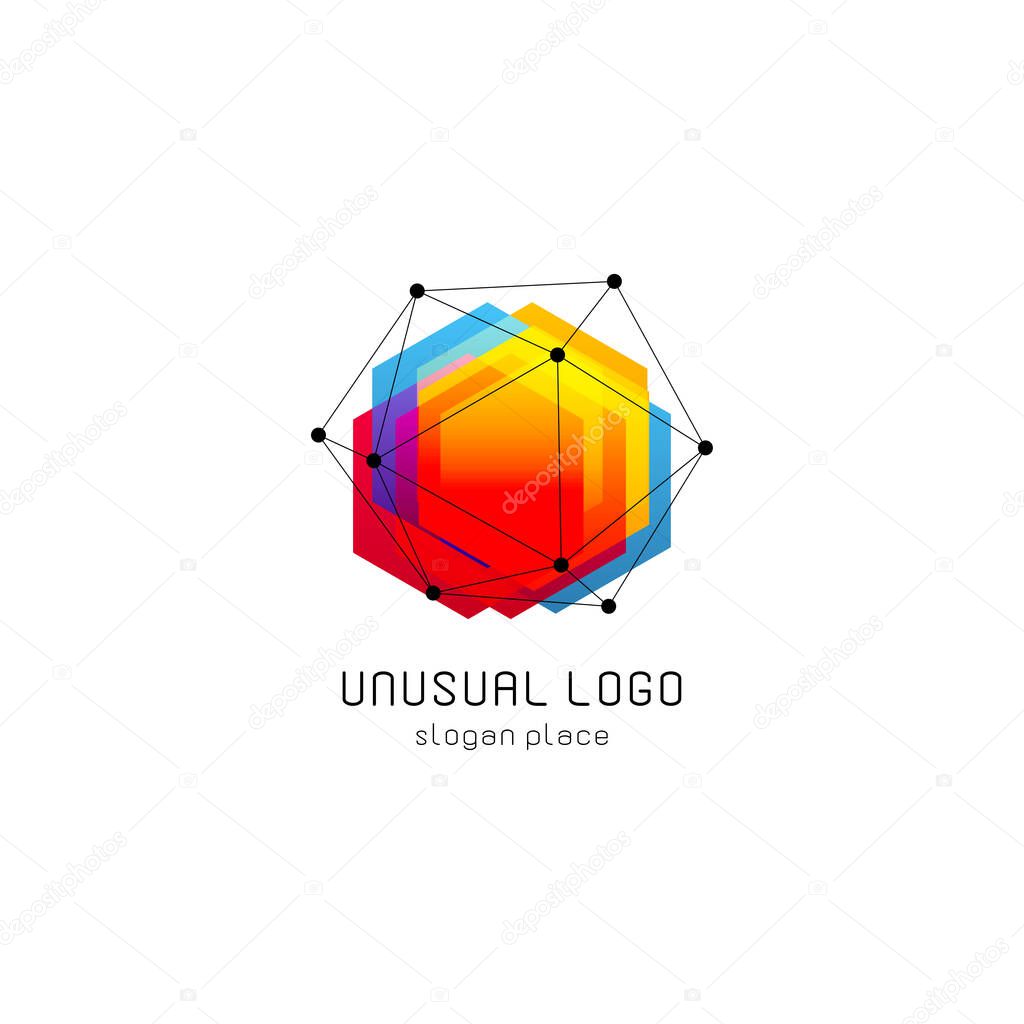 Bright colorful abstract poly construction logotype, unusual innovate design logo template, isolated polygon shape, spiderweb from black lines with dots on corners, illustration on white background.