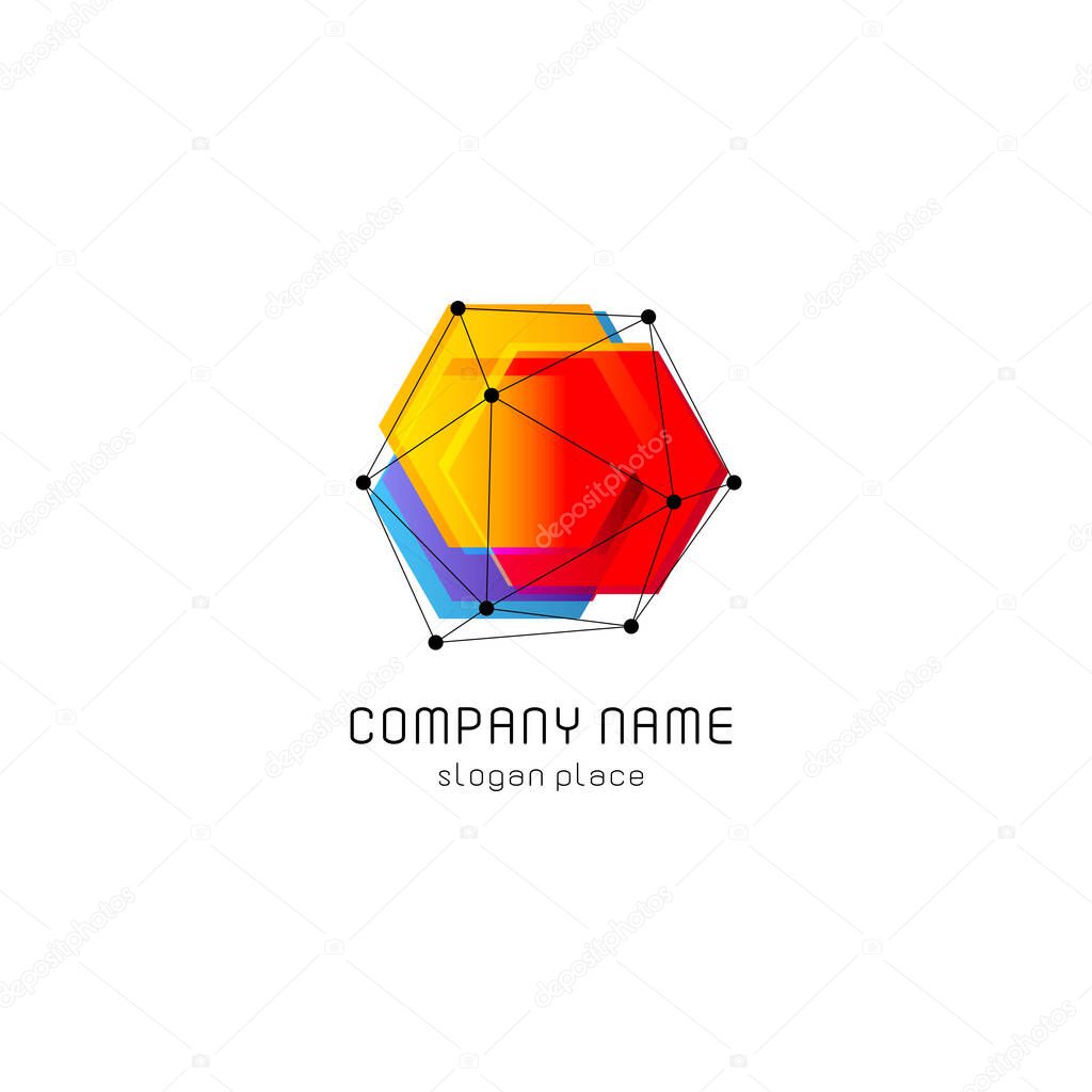 Bright colorful abstract poly construction logotype, unusual innovate design logo template, isolated polygon shape, spiderweb from black lines with dots on corners, illustration on white background.