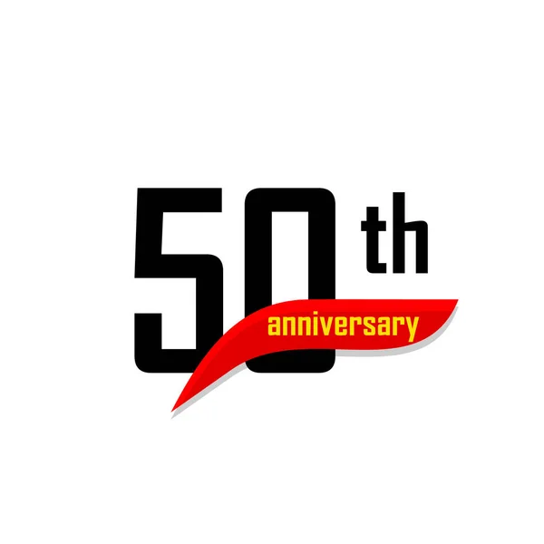 Logotipo abstracto del vector del 50 aniversario. Cincuenta Feliz cumpleaños icono. Números negros con forma de boomerang rojo con texto amarillo 50 años . — Vector de stock