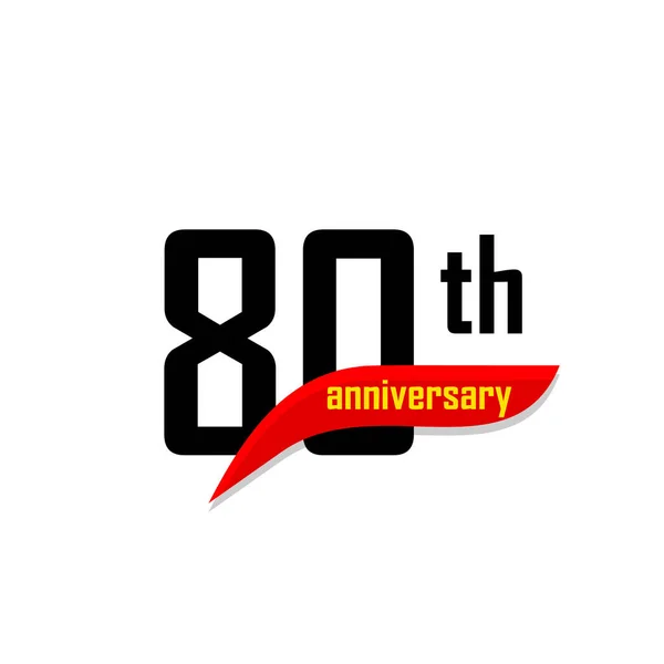 80th Anniversary abstract vector logo. Tachtig Gelukkige verjaardag icoon. Zwarte cijfers met rode boemerang vorm met gele tekst 80 jaar. — Stockvector