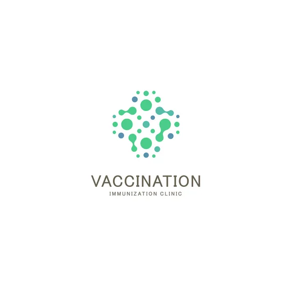 Vaccinatie, immunisatie kliniek logo. Abstract kruis uit cirkels. Antibiotica, inenting tegen bacteriën en virussen. Bescherming, preventiesymbool. — Stockvector